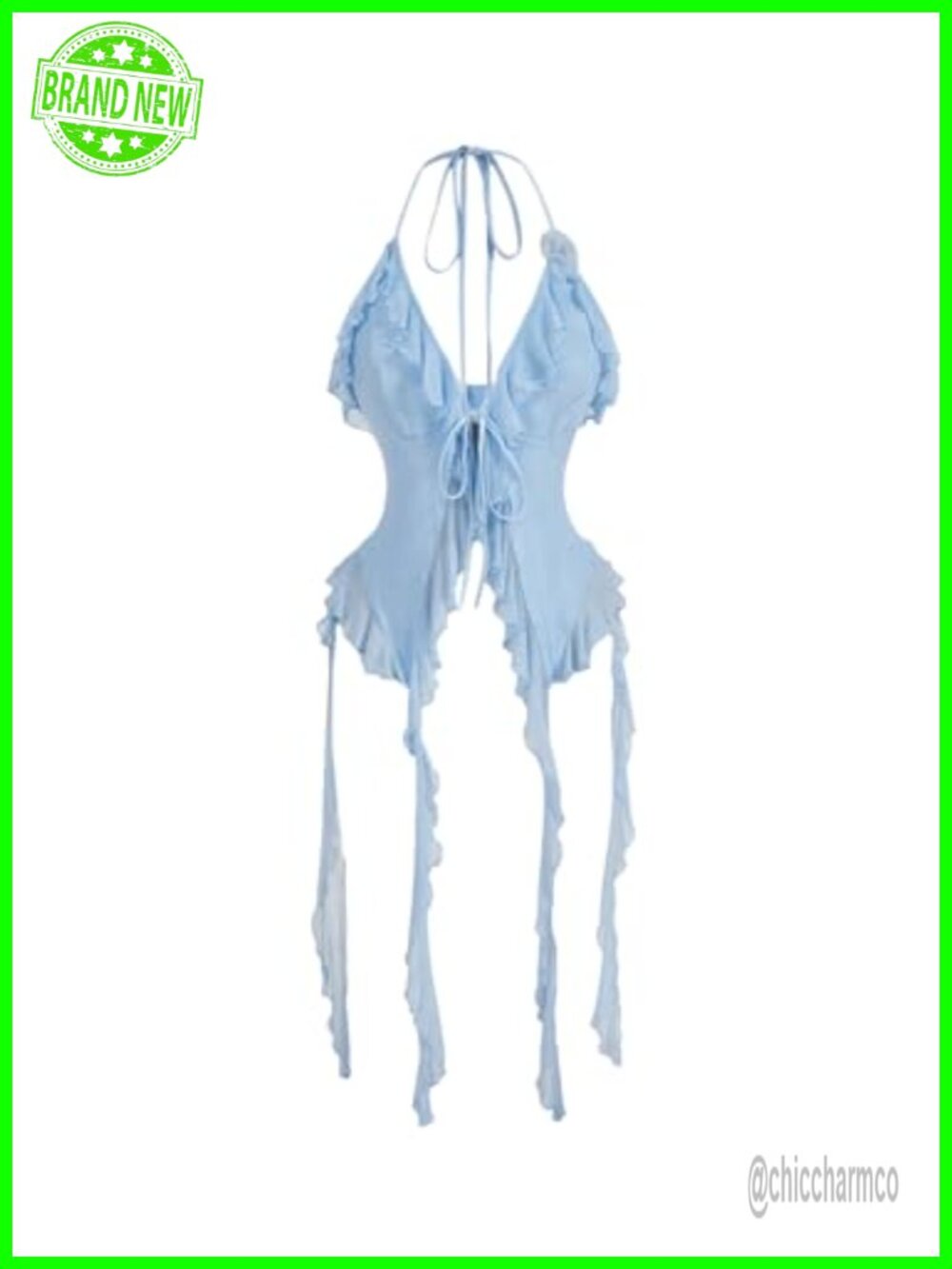 Women's Flowy Halter Cami Top Tie Front Backless Ruffle Trim Polyester Blend